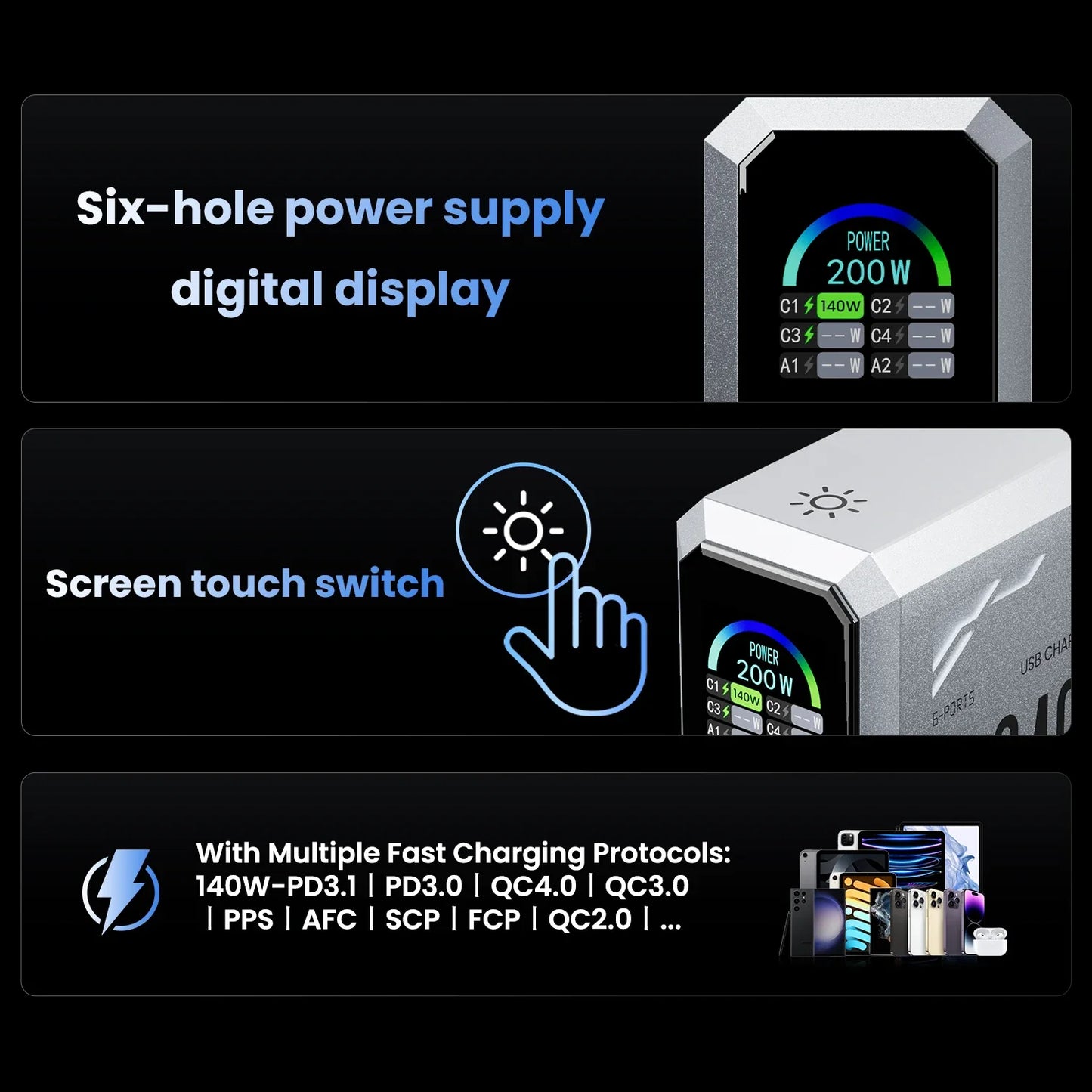 240W GaN 6Ports Charger with Wattage Display