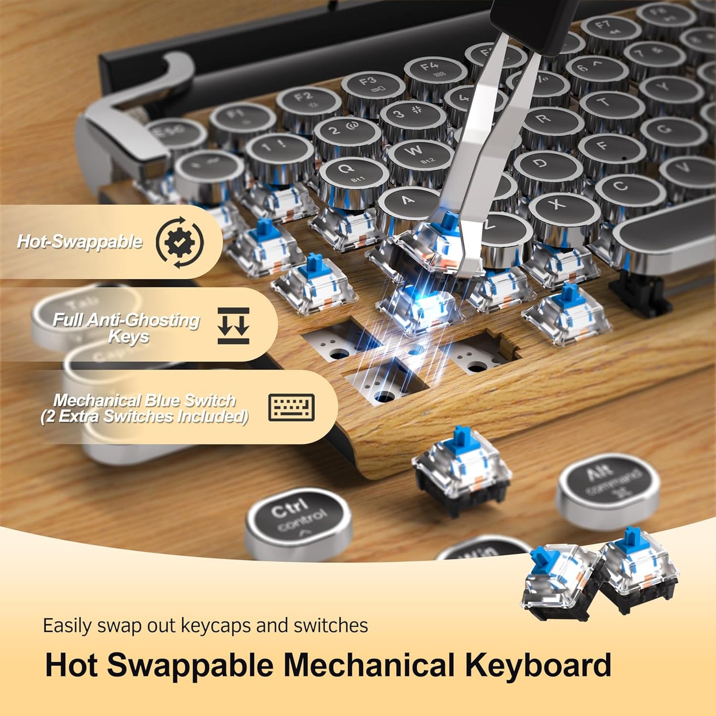 Typewriter-Style Retro Mechanical Wood Keyboard