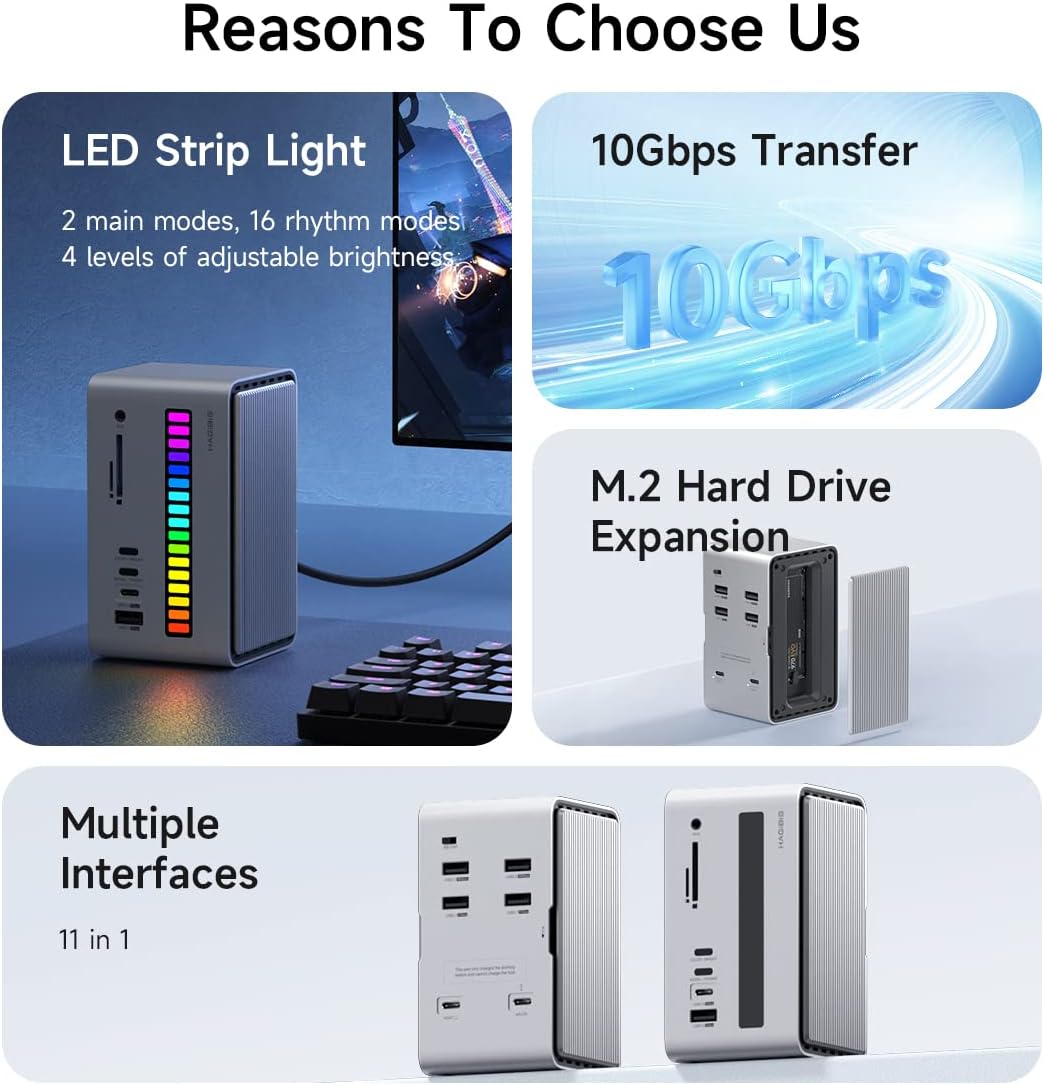 Hagibis USB C Docking Station with LED Strip Light & M.2 NVMe/SATA SSD Enclosure