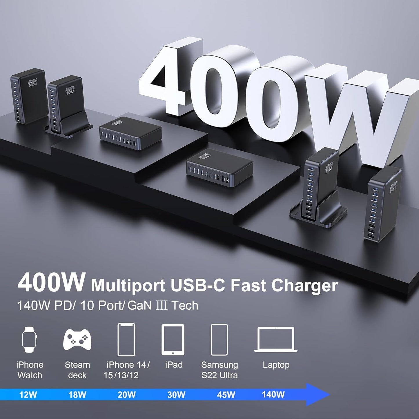 400W GaN 10-Ports Compact Super Fast Charging Station