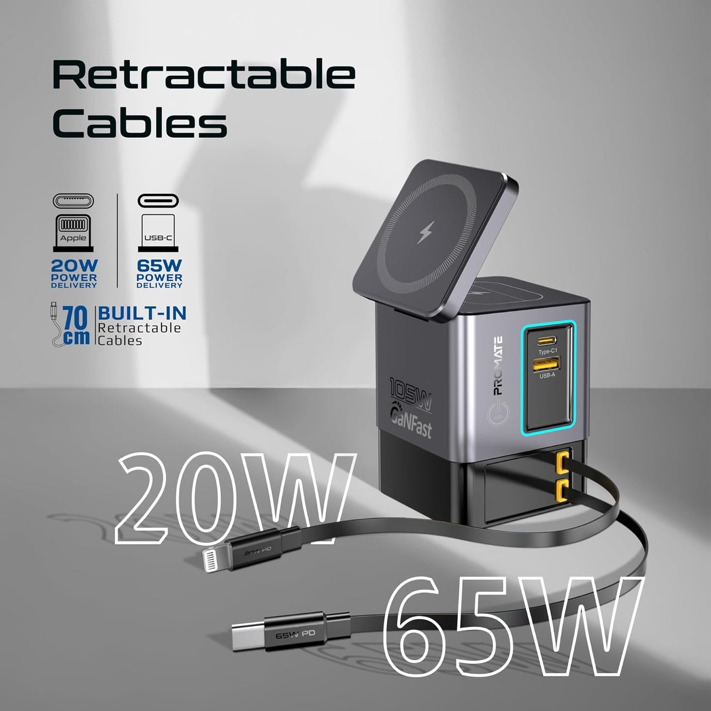 105W GaN Retractable 6-in-1 Charger with Magnetic Pad