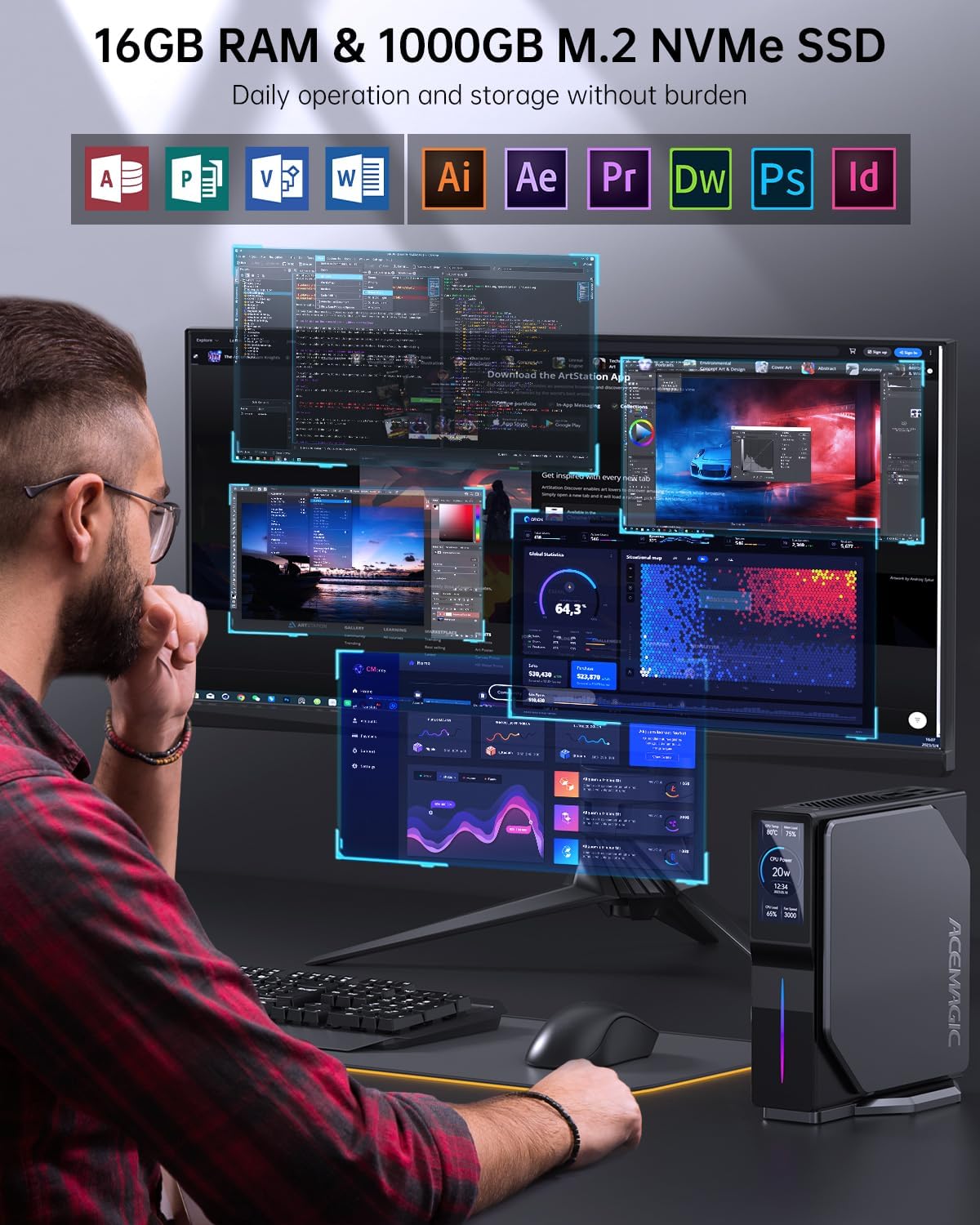 S1 Mini PC with LCD Screen/Dual LAN & HDMI,SSD(12th Gen N100)